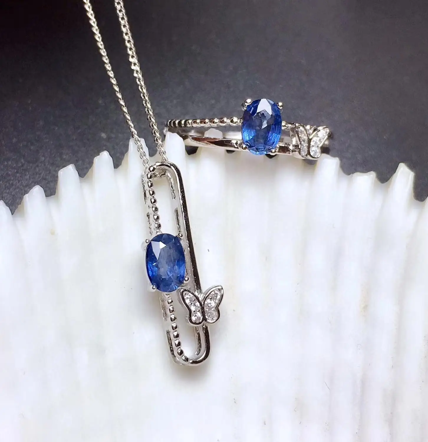 

Fashion elegance Butterfly geometry Natural blue sapphire Ring Pendant Natural gemstone Jewelry Set S925 Women gift jewelry