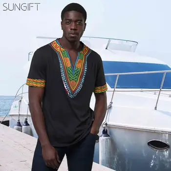 

SUNGIFT African Male Top Traditional Print Clothing Short Sleeve Top Dashiki V Collar Male T-Shirt Top Oversize Shirt For Summer