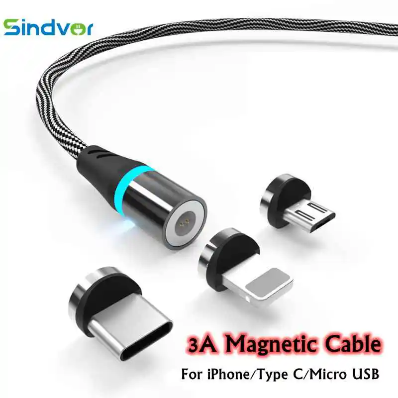 Магнитный кабель Sindvor Micro USB Type C для iPhone освещения 1 м 3 А быстрой зарядки магнитный