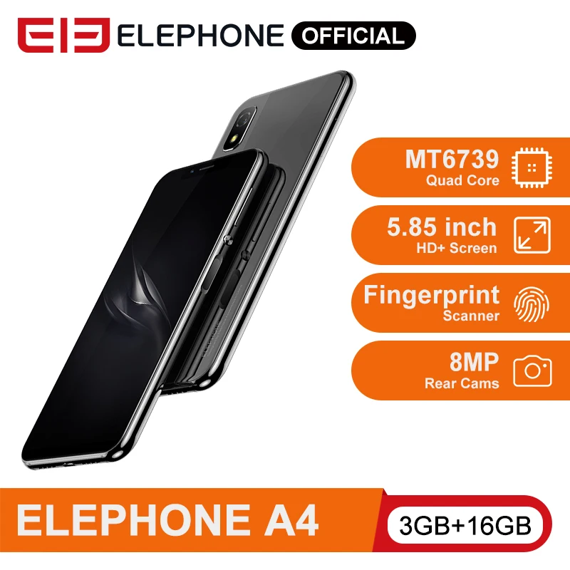 

Elephone A4 5.85'' HD+ 18:9 Notch Screen Mobile Phone Android 8.1 MT6739 Quad Core 3GB RAM 16GB ROM 4G Unlock 3000mAh Smartphone