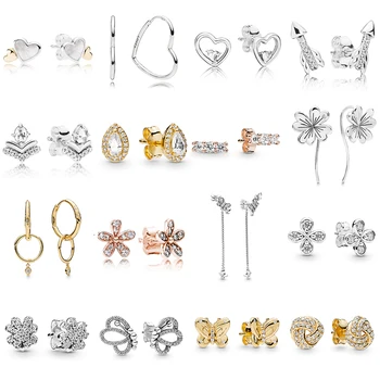 

2019 NEW 100% 925 Sterling Silver Shine Flower Stem Small Asymmetric Hearts of Love Hoop Earring Fit DIY Women Original Jewelry