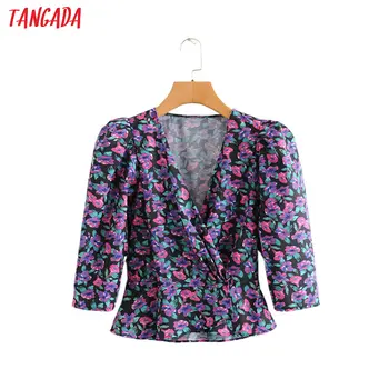 

Tangada women french style floral print blouse three quarter sleeve chic female stretch waist shirt blusas femininas 2L03