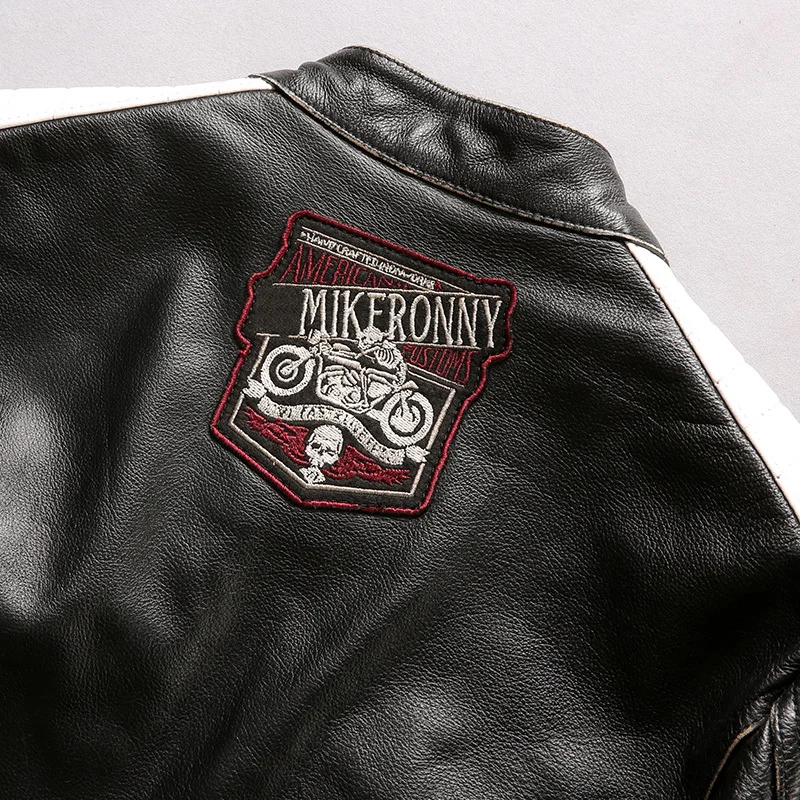 New Men Genuine Motorcycle Leather Jacket Fashion Appliques Real Cowskin Riding Biker Jackets Winter Coats