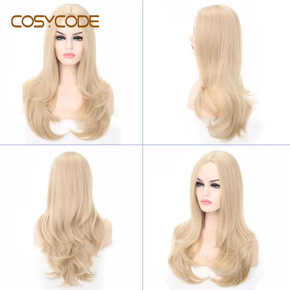 COSYCODE блонд волнистый парик длинный натуральный волнистый кудрявый парик средней части 24 дюйма без шнурка синтетический костюм косплей вечерние парики - Цвет: T1B/613