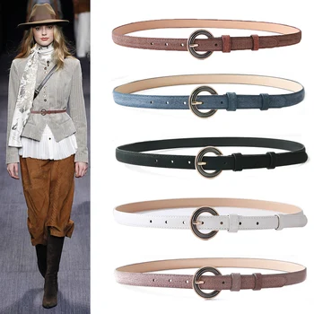 

Ring Round Thin Dress Belt Genuine Pigskin Leather Women Waist Belt White Brown Black Belt Female Waistband