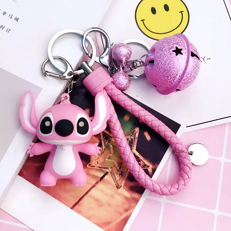 Lilo&stitch couple pink PVC key chain keyring with bell bag pendant model key Lilo&stitch couple pink PVC key chain keyring with bell bag pendant model key
