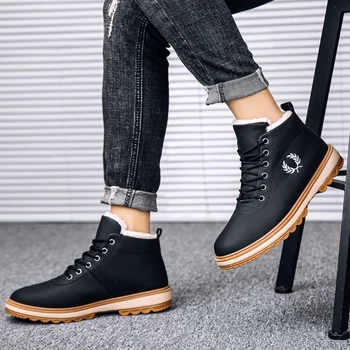

Fur New Lace-up Fashion Shoes Men outdoor Non-slip Men's Boots Snow Boots Men Plush Winter Brand Design Comfy Warm Ankle Boots