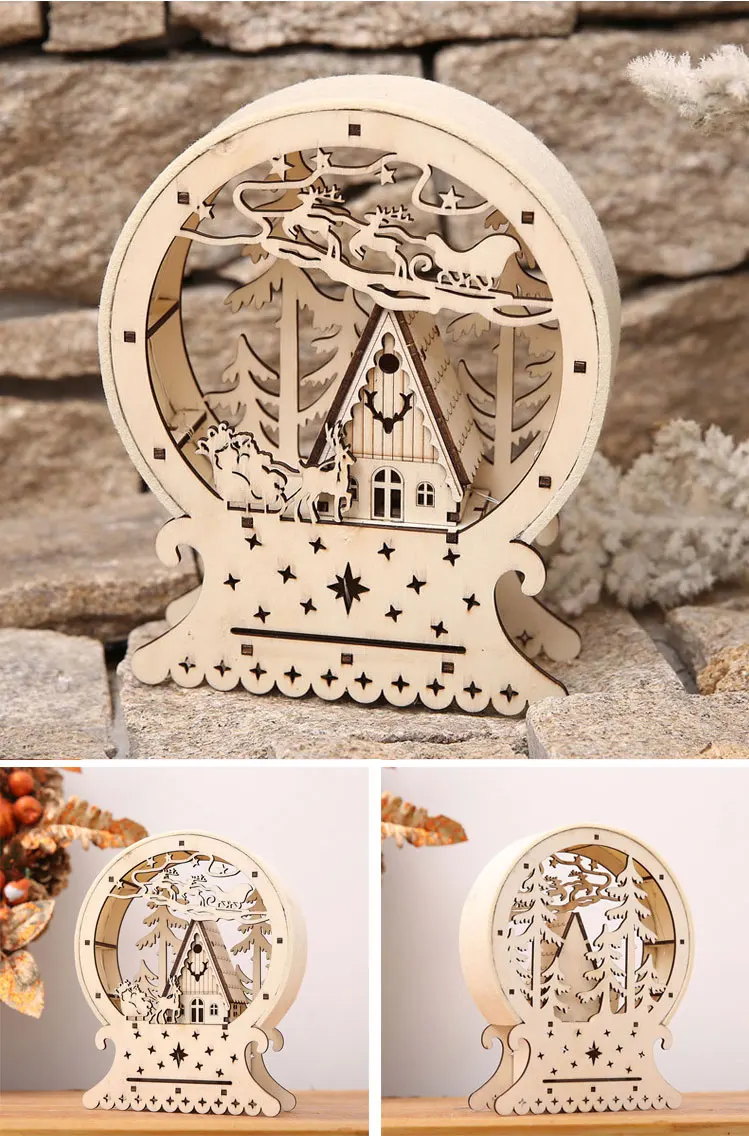 Round cabin Santa Claus Elk DIY Wooden Christmas Led Light Snow House Decoration Noel Village Teacher Gifts Glow in the dark