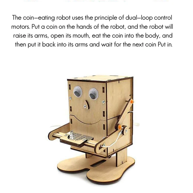 DIY Stem Toys Wood Model Coin Swallowing Robot Puzzle Toy Technology Science Education Kit Toys for Kids 6