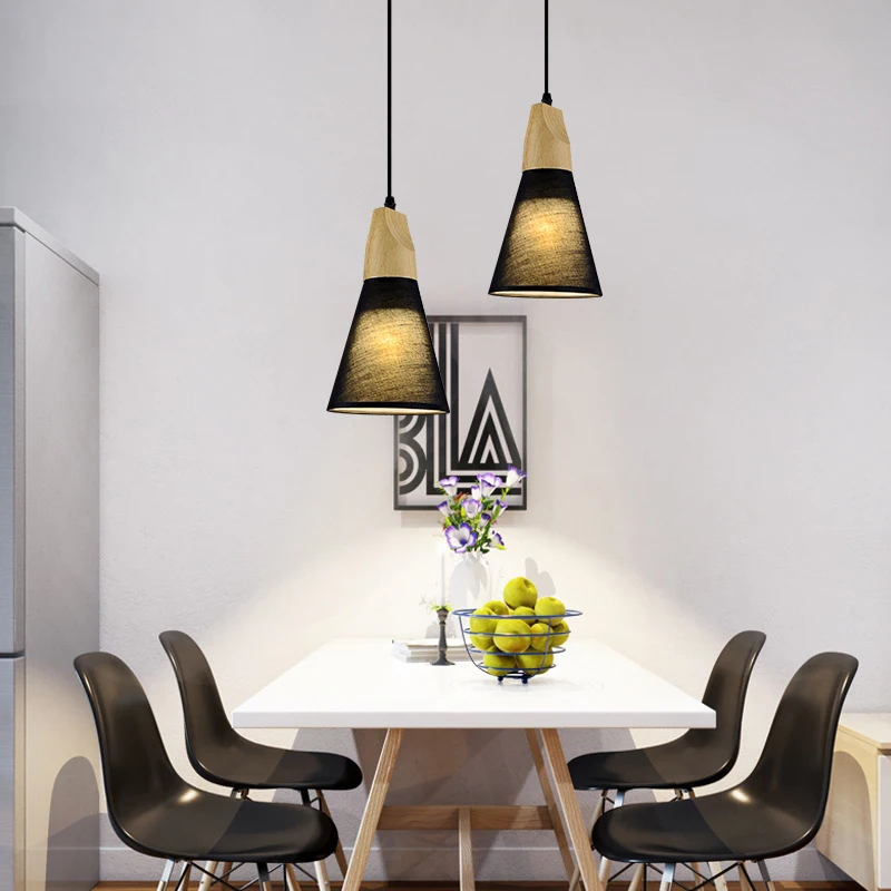 

Conical Dining Room Ceiling Lamp Modern Fabric 1 Light 3 Light Black White Pendant Light with Wooden Cap E27