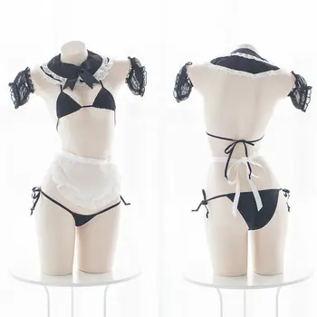 

Cute Women's Lingerie Set Lolita Sexy Maid Uniform Chiffon Intimates Set Japanese Style Cosplay Underwear Bra & Panties