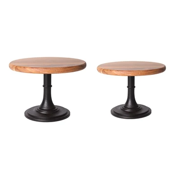 

2x Cake Display Stand Wooden Hand Polished Baking High Black Metal Leg Tray for Hotel Wedding Dessert Supplies S & L