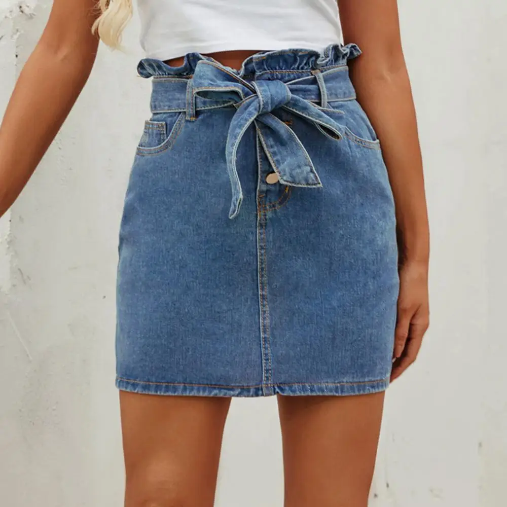 

Denim skirt women's European and American retro lotus leaf high waist washed blue fashion all-match commuter bag hip skirt