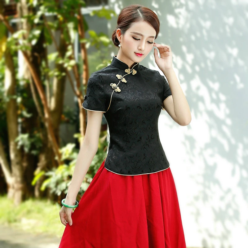 Sheng Coco Black China Blouse Women Traditional Chinese Shirt Clothing Chinese Jacquard Cotton Cheongsam Shirt Flower Buckle Top