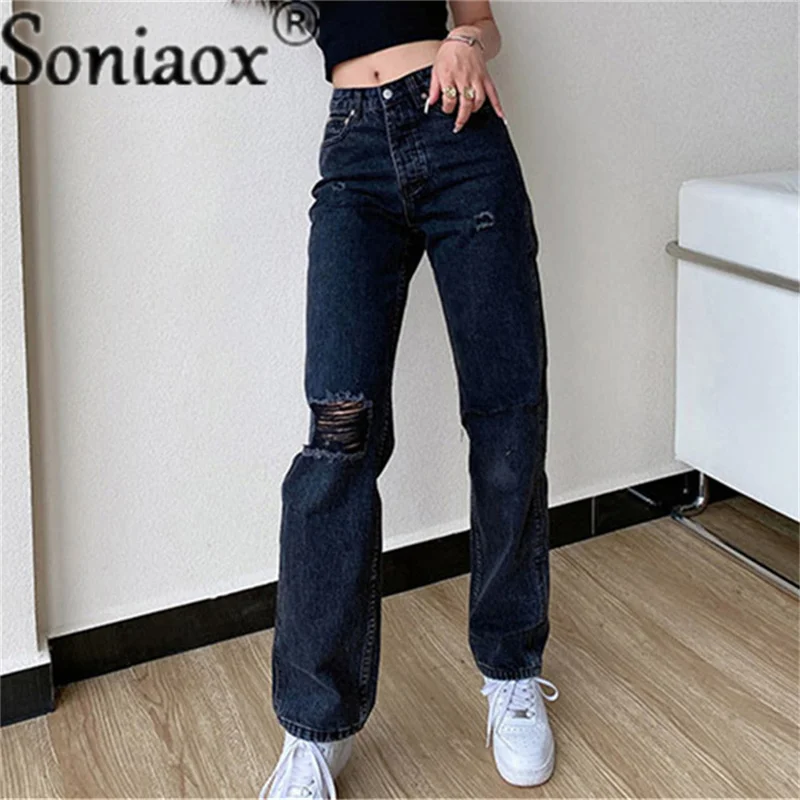 Ripped Jeans For 2021 Women Fashion Wide Legged Wash Water Ripped Casual Mid Waist Baggy Jeans Streetwear Званые джинсы женские