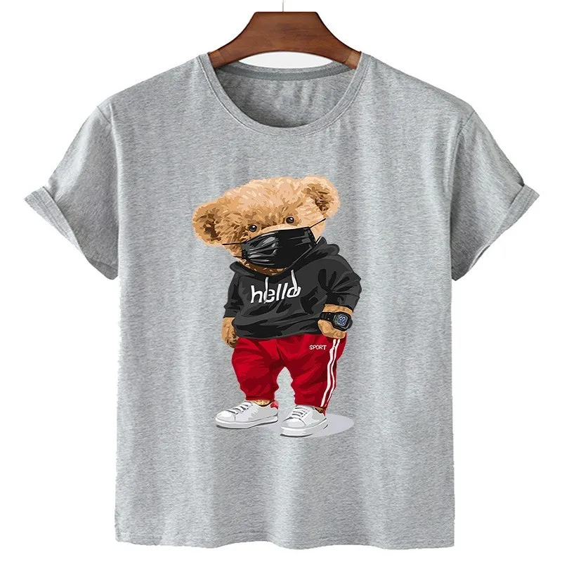 100% Cotton Sports Mask Bear Print Short-sleeved T-shirt Female Half-sleeved Summer Casual Oversized T-shirt Ladies Shirt S-4XL