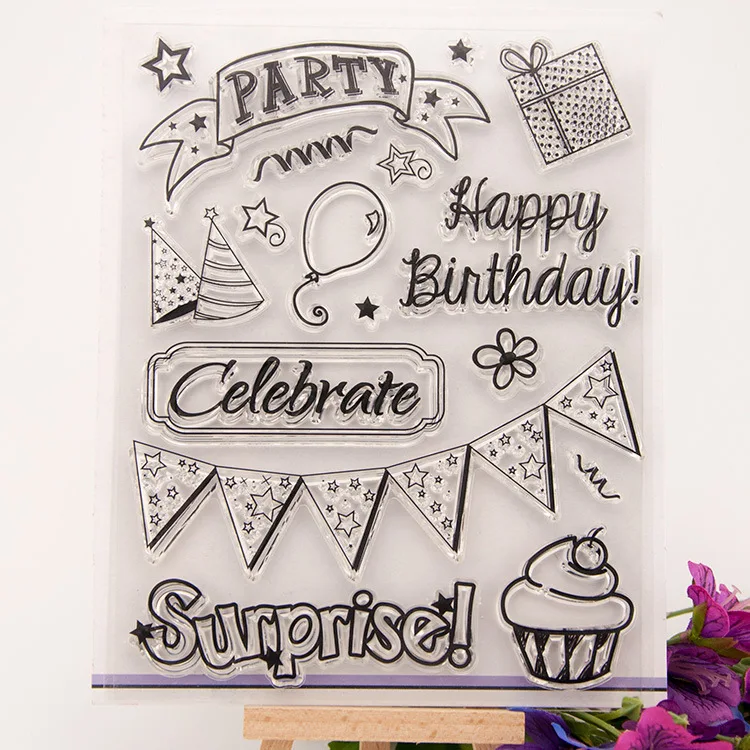 

Happy Birthday Celebrate Party Cake Balloon Clear Rubber Silicone Stamps for DIY Scrapbooking Craft Card Making Photo Album
