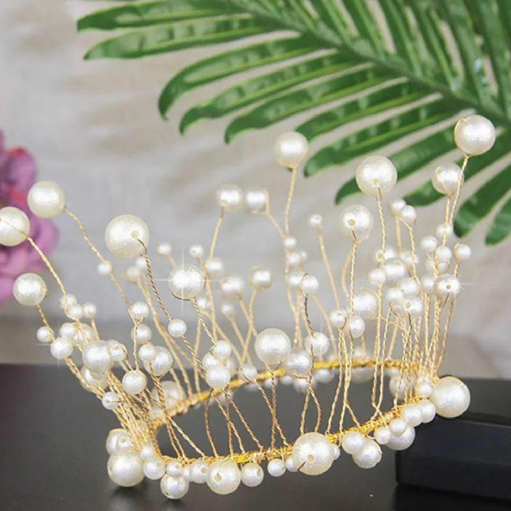

1 Pcs Shiny Handmade Pearl Princess Crown Headdress Cake Topper Wedding Bride and Groom Happy Birthday Hat Cake Decoration