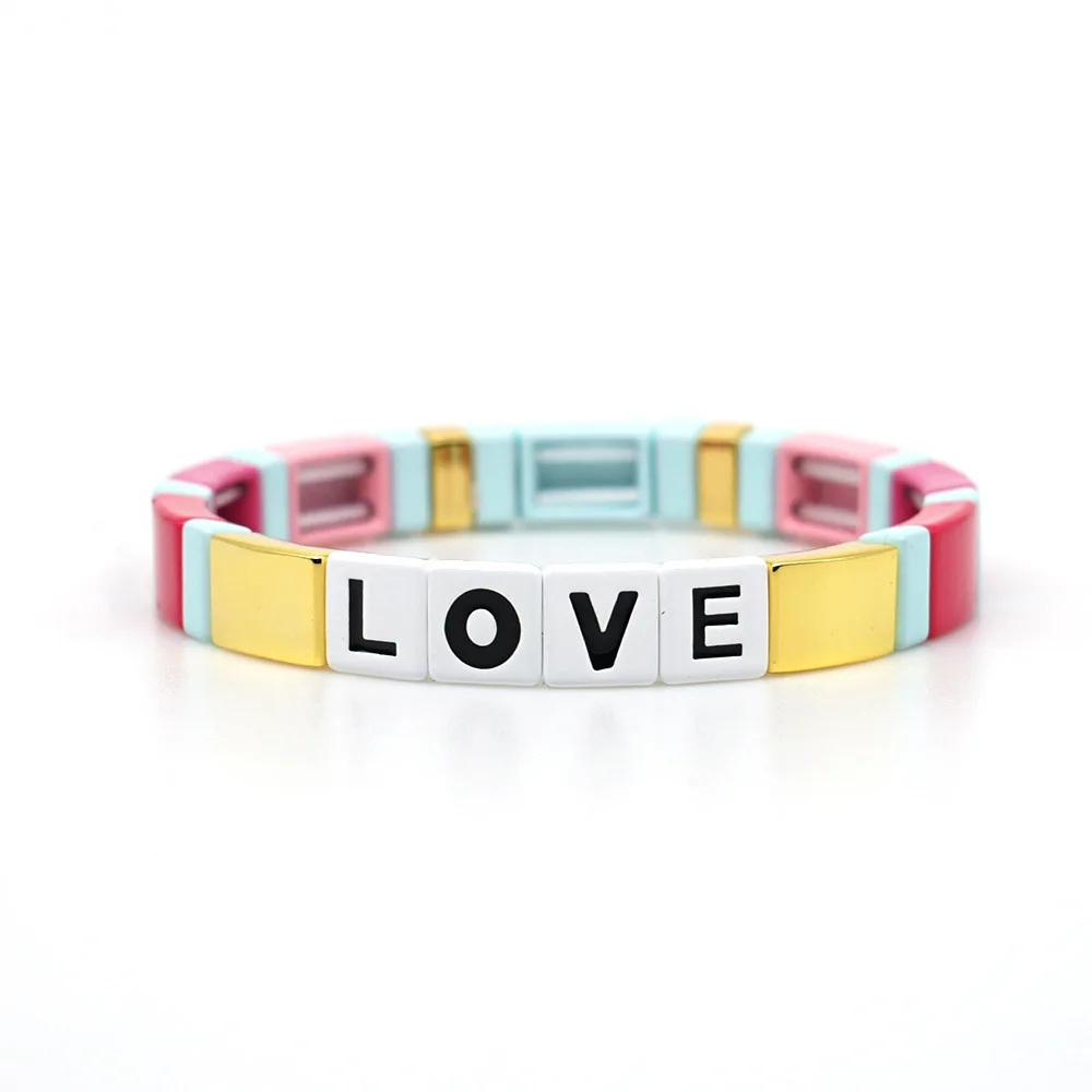 colour 1 Модный богемный браслет ручной работы с бусинами и надписью Love, эмалированный Радужный Штабелируемый браслет из сплава для пары, модное ювелирное изделие для влюбленных - Окраска металла: colour 1