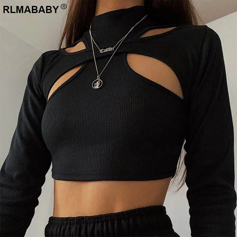 RLMABABY осенне-зимние сексуальные короткие футболки с круглым вырезом и длинными