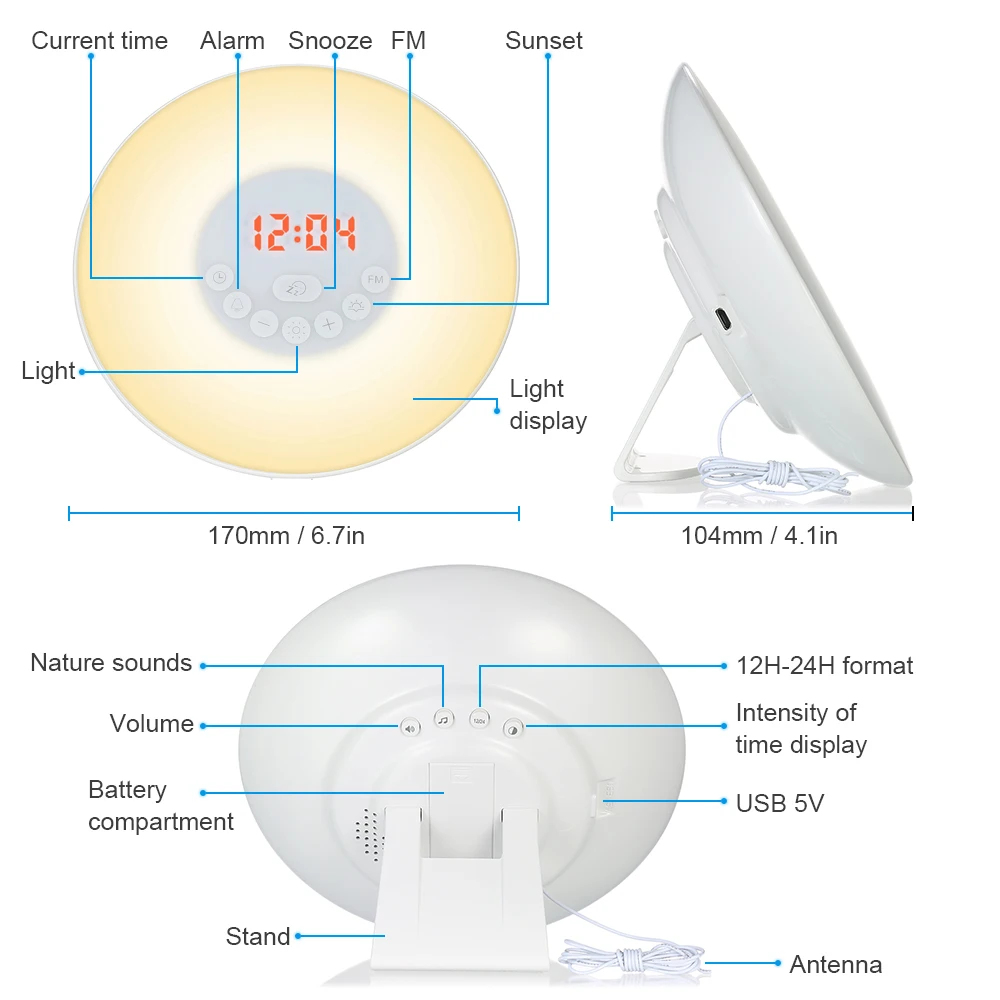 

Hot Wake Up Light Clock LED Alarm Clocks Digital FM Radio Table Nature Sounds Clocks with Snooze Function Touch Control Desk Clo