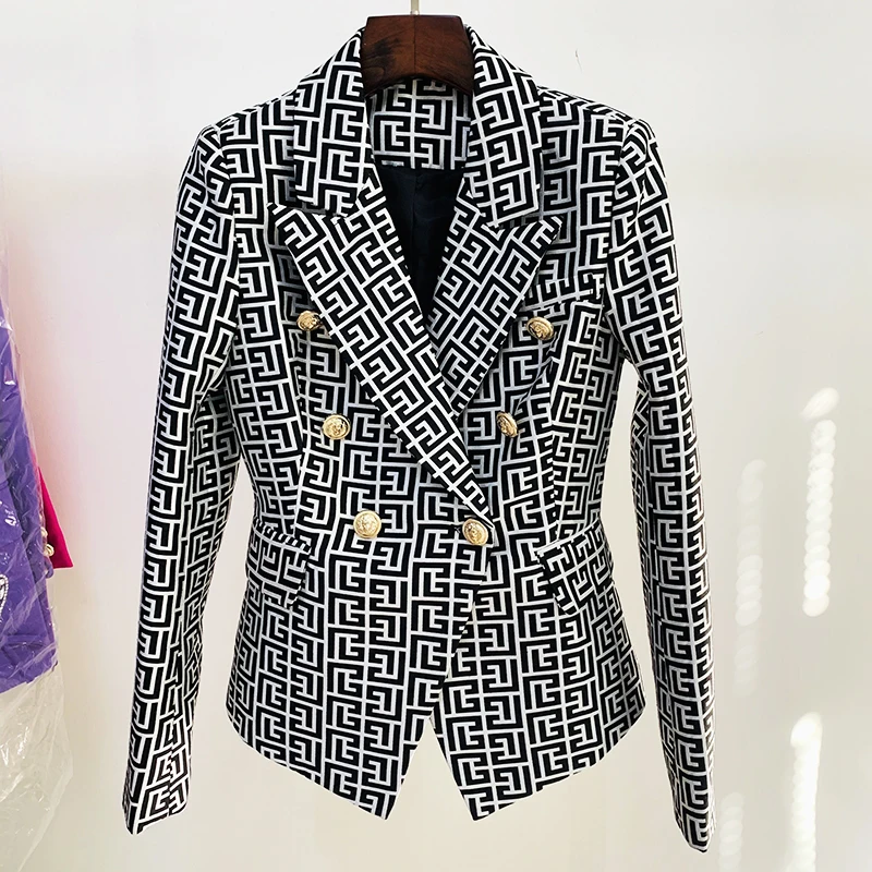 HIGH STREET Newest 2022 Designer Jacket Women's Double Breasted Lion Buttons Geometrical Jacquard Blazer womens white suit set