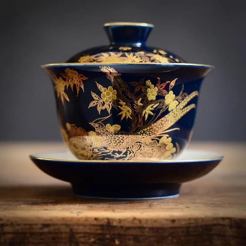 

Jingdezhen Hand-painted Gold Enamel Ceramics Tea Tureen Indigo Glaze Sancai Cover Bowl KungFu Gaiwan Tea Cup Bowl Teaware