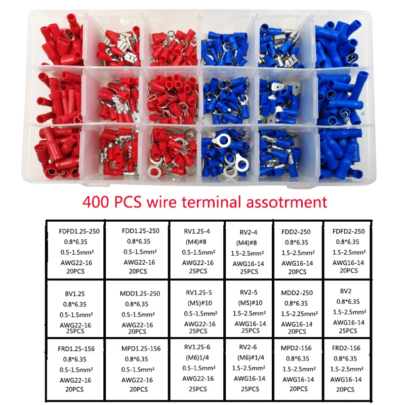 400 шт упакованные в коробку обжимные клеммы соединитель электрическая Изолированная клемма провода Соединительный кабель Размер 0,5-мм2 AWG22-14 комплект