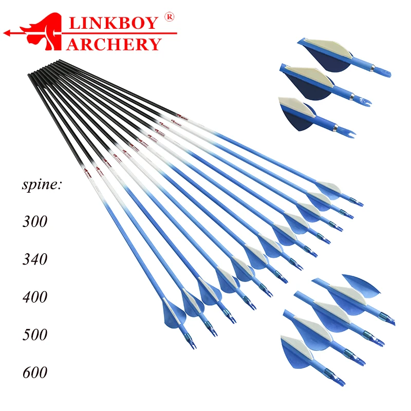 12 шт. Linkboy стрельба из лука 100% углеродные стрелы id6.2мм позвоночник 300 340 400 500 600 75гр