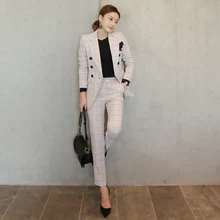 Mulheres ternos de negócios da moda calças femininas terno malha magro blazers jaquetas com calças senhoras do escritório formal ol trabalho wear conjunto