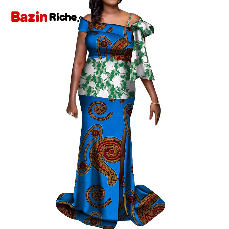 Африканский принт длинное платье с русалочкой для Для женщин Bazin rich в стиле пэчворк с открытыми плечами кружевные платья африканский дизайн Костюмы WY5354 - Цвет: 11