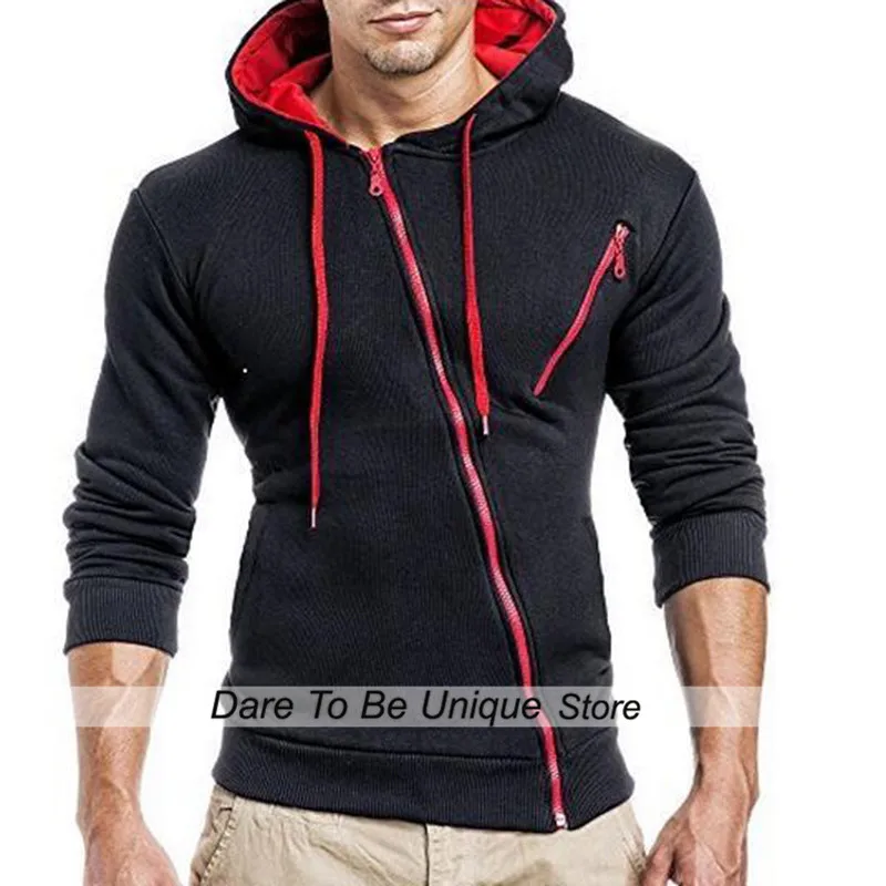 Mens Hoodies Diagonal Zipper Design Pure Color Long Sleeve Slim Hoodie Casual Hooded Sportswear Sweatshirts Men Streetwear Black