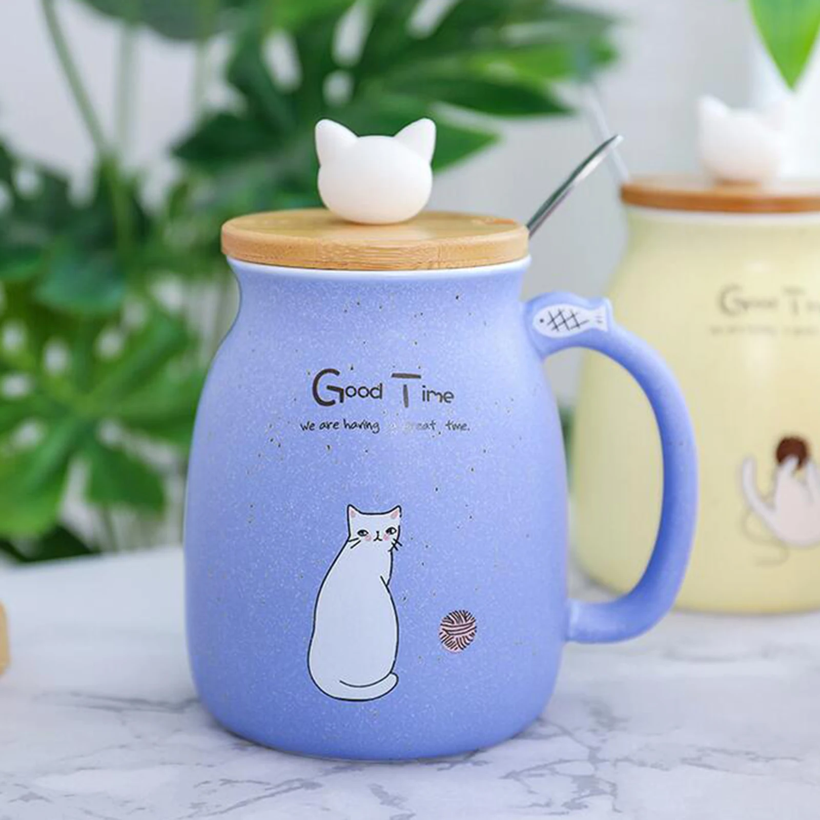 Cute Cat Ceramic Cup Hot Cold Tea Cup Milk Coffee Mug with Spoon Lid Pink