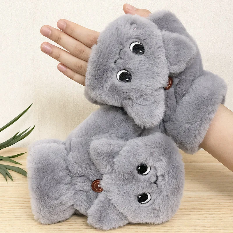 Winter Warm Plush Rabbit Catoon Cat Fur Knit Mittens Women Flip Half finger Gloves Thick Cute Cat Touchscreen Gloves 1Pair