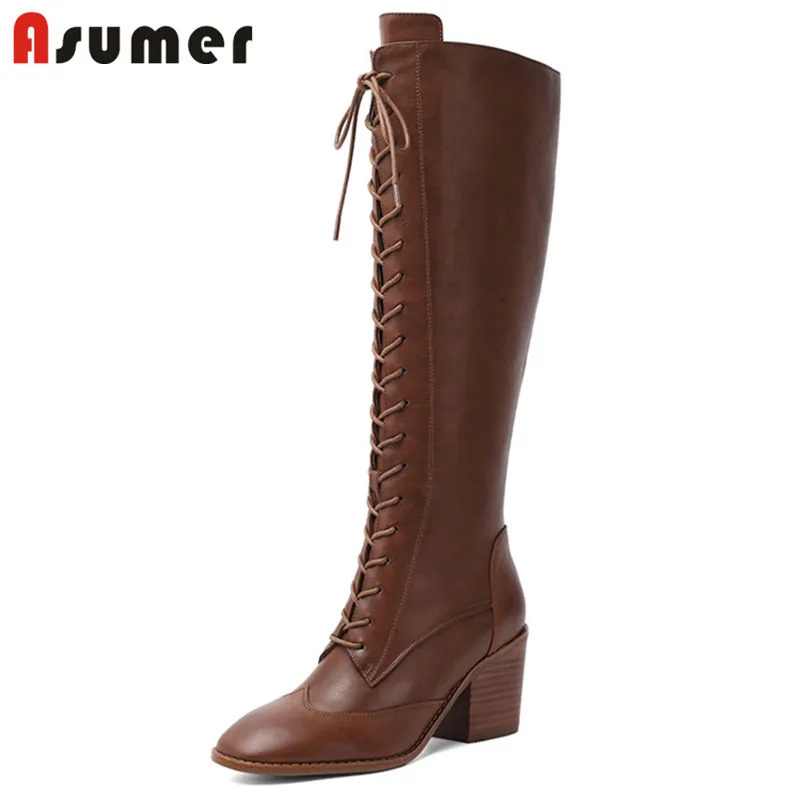 ASUMER/; сапоги до колена; женская обувь из натуральной кожи на высоком каблуке; женские сапоги на шнуровке с круглым носком; сезон осень-зима; большой размер 43