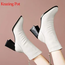 Krazing pot/обувь из коровьей кожи с квадратным носком на высоком каблуке; большие размеры 43; плиссированные ботинки-гладиаторы с круглым носком на молнии; l1f5