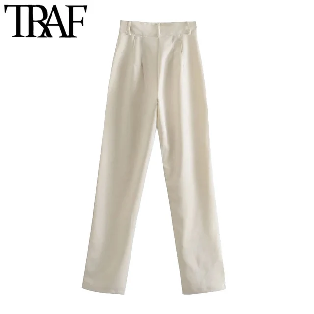 TRAF Women Chic Fashion Office Wear Straight Pants Vintage High Waist Zipper Fly Female Trousers Mujer 6