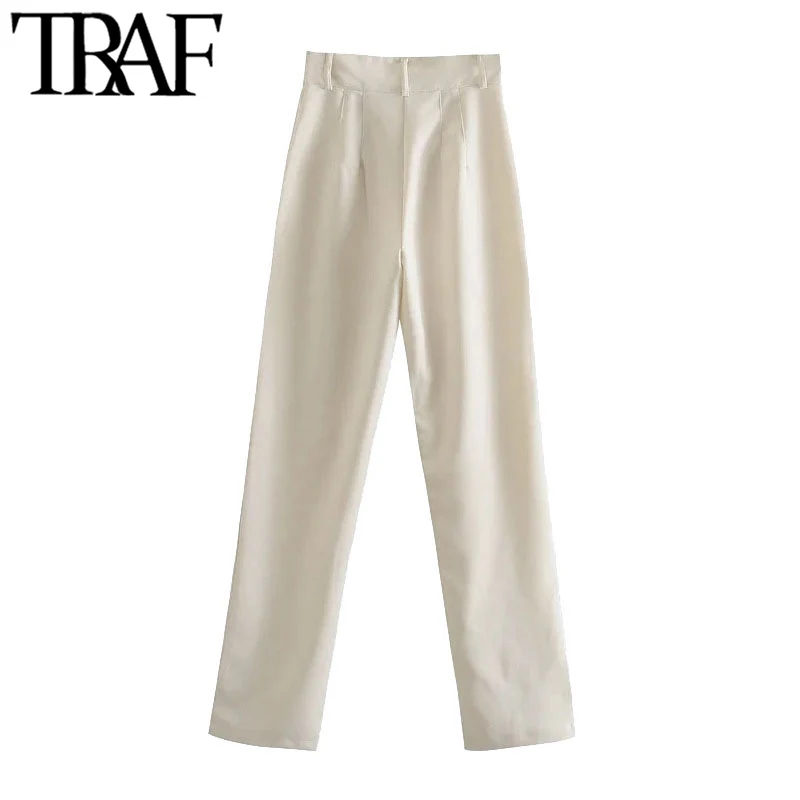 TRAF Women Chic Fashion Office Wear Straight Pants Vintage High Waist Zipper Fly Female Trousers Mujer