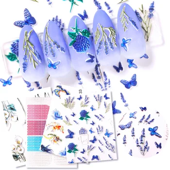 

1PC Holographics Blue Lavender Butterfly 5D Nail Art Sticker Beautiful Cherry Flowers Transfer Nail Decals Decoration Tool