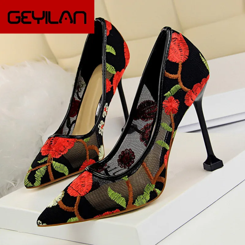 

Flower Embroider Women Heel Shoes Summer Shoes Womens Sexy High Heels Party Pumps Women Hollow Mesh Dress Pumps DS-B0161