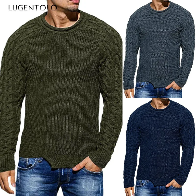 Lugentolo Knitted Sweater Men Autumn Winter Round Neck Long Sleeve
