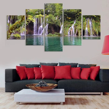 

Home Decoration Waterfall View Lake Tree Canvas Painting Wall Art 5pcs Poster Modular Picture No Frame For Bedside Background