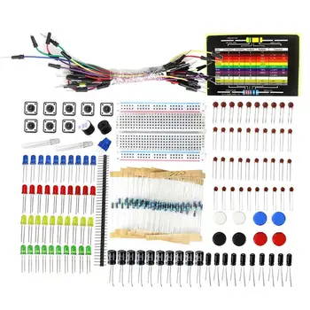 

Free Shipping Electronics Component Basic Starter Kit with 400 Tie-points Breadboard Cable Resistor Capacitor LED Box Packing