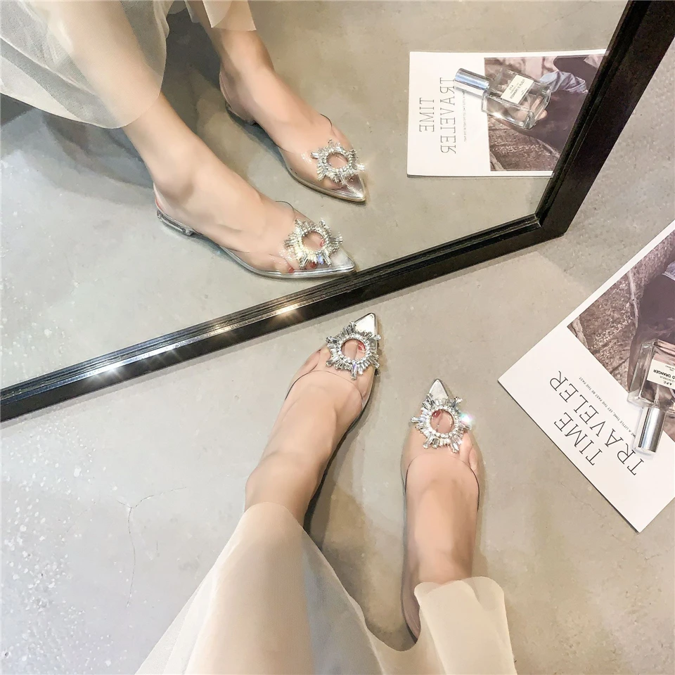 Clear PVC Transparent Sandals For Girls Women Flat Heel Point Toe Crystal Rhinestone Sunflower Buckle Decor Summer Shoes
