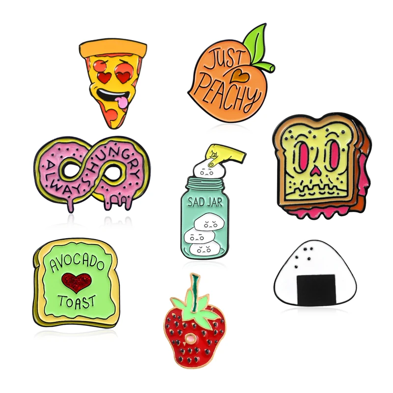 

Fruit Rice Ball Sushi Brooch Pizza Skeleton Toast Red Heart Donut Hungry Strawberry Peach Cats Ball Enamel Pin Cute Gifts