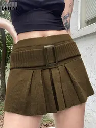 Y2K Knit Pleated Skirt With Sashes High-waisted A Line Mini Skirts Fairycore Grunge Vintage Short Skirts Woman clothes Harajuku