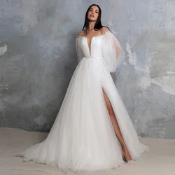 Deep V-Neck Off-The-Shoulder White Side Slit Wedding Dresses with Soft Tulle Floor-Length Pleat A-Line 2022 Bridal Gowns Summer
