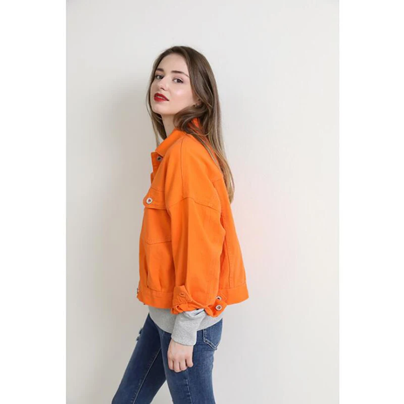 discount  Female Coat Spring Autumn Long Sleeve Casual Korea Style Single-breasted Orange Green Loose Denim J