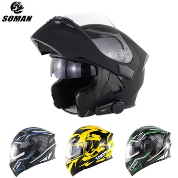 SOMAN-casco de motocicleta con lente Dual y Bluetooth, máscara completa para motocicleta de carreras, con auriculares Bluetooth, abatible hacia arriba, Modular