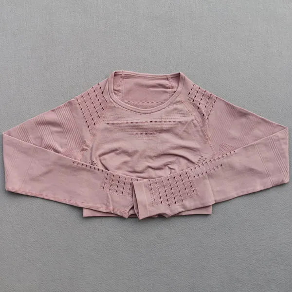 Pink top Женский спортивный костюм из 2 предметов, бесшовные леггинсы+ укороченные рубашки, одежда для спортзала, комплект для тренировок, йоги, Женский комплект с длинным рукавом для фитнеса, спортивный костюм - Цвет: Pink top